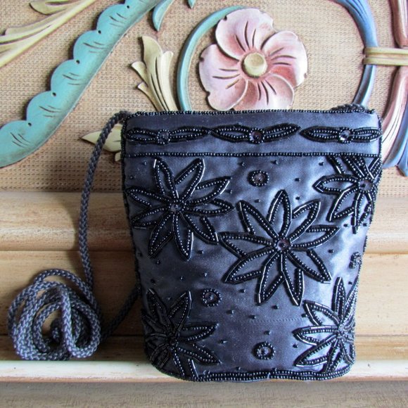 EVENING BAG, BEADED ROARING 20s FLAPPER STYLE SHOULDER BAG, SLATE GRAY-BLUE - Picture 1 of 5
